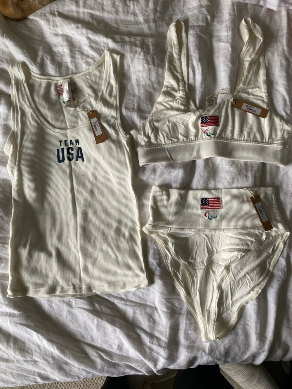SKIMS Ivory Team USA Ribbed Tank, Bralette & High Waist Bikini Set